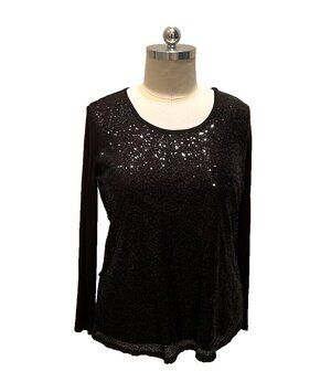Joan Boyce Top Womens Xl NWT Black Sequined Long Sleeve